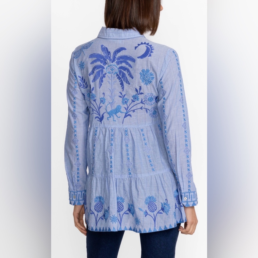 Johnny Was Workshop Tarra Tunic NWT Blue Cotton Blend Tropical Embroidery Boho M - Picture 8 of 11